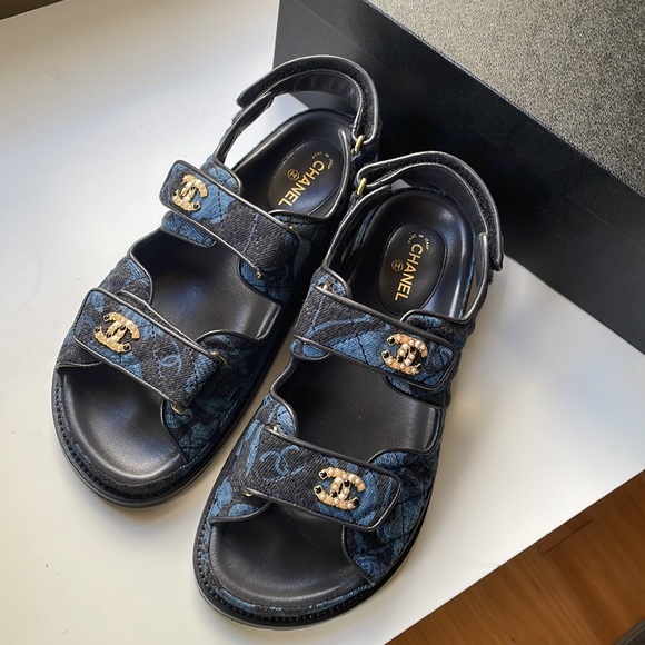 Chanel Blue denim Dad Sandals 37.5 - Picture 1 of 13